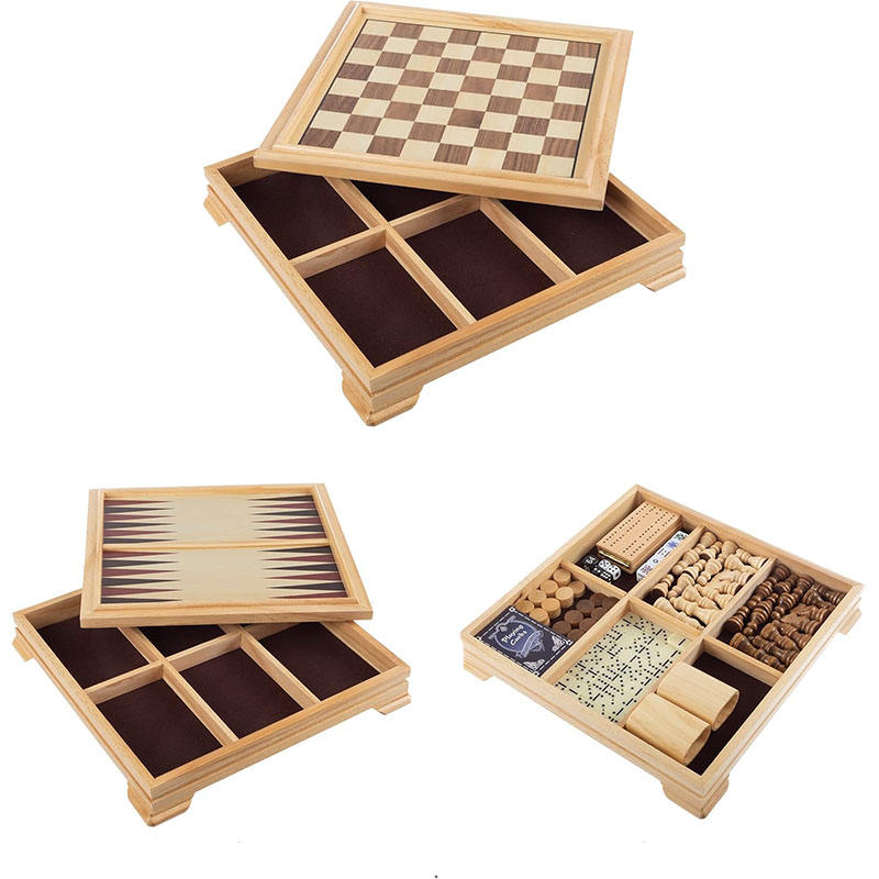 Wood Board Game Set Deluxe 7-in-1 Classic Board Games Wood Game Center with Storage