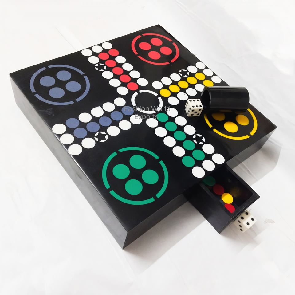 Luxury Handcrafted Wooden Ludo Board Game with In-Built Storage Drawer Classic Family Game with Colored Dice & glass